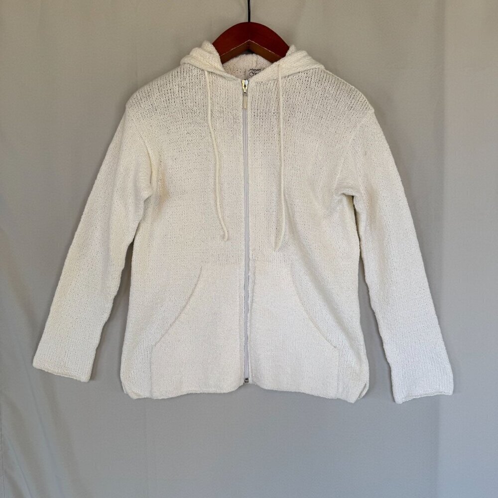 Margaret O"Leary Ivory Cotton Silk Blend Hood Zip Front‎ Cardigan Sweater Size S